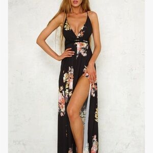 Black Floral Maxi Dress with High Slit